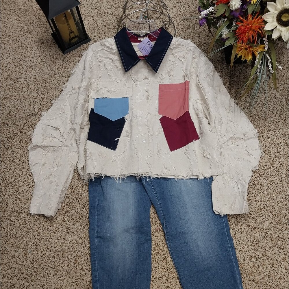 3671 Size MedPOL Natural Multi Color Pocket Detail Ruched Sleeve Textured Jacket - Picture 5 of 9